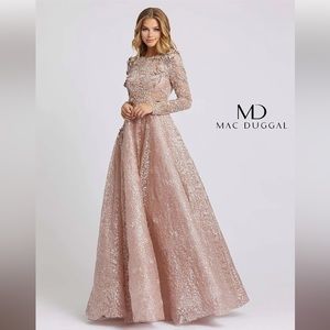 Mac Duggal  Style 11121D Long Sleeve Lace Dress in Mocha Size 12 NWT